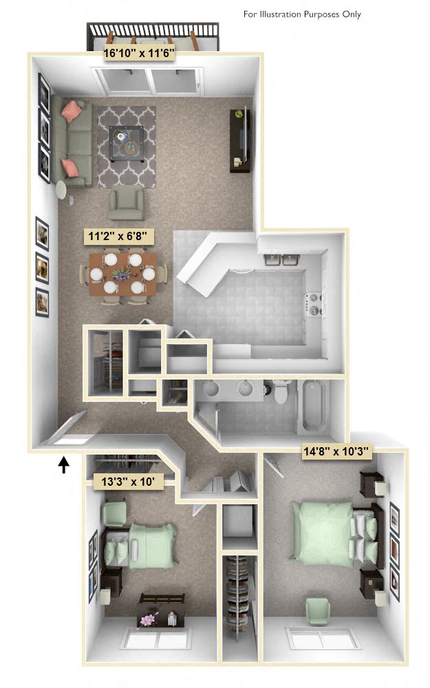 Floor plan for 2 beds, 1 bath, 1231 sqft